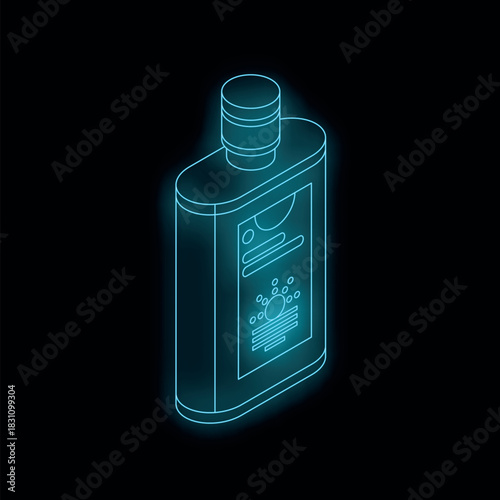 Isometric neon blue sunscreen bottle glowing on a black background, representing sun protection during summer