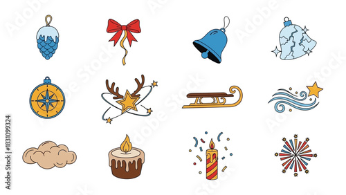 Festive Ornaments and Emblems: A collection of festive Christmas ornaments and emblems, symbols that evoke the spirit of the holiday season.