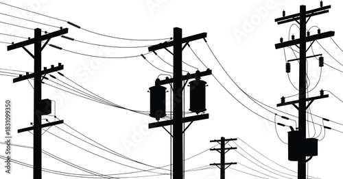 Silhouettes of multiple utility poles with transformers and wires against white background power line