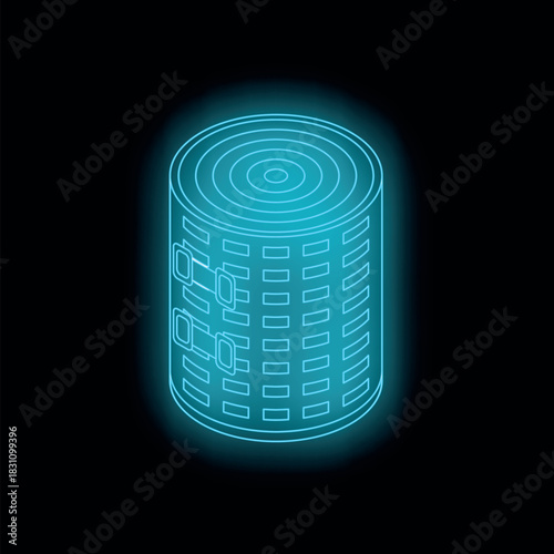 Neon blue elastic bandage glowing on black background, representing medical care and first aid