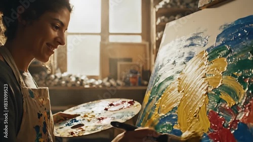 Artist painting colorful abstract artwork on canvas easel with brush and palette creative hobby