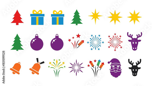 Festive Array: A vibrant illustration showcasing an assortment of seasonal icons, including Christmas trees, gift boxes, stars, baubles, fireworks, bells, Santa Claus, and deer.