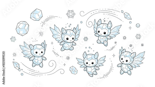 Whimsical Celestial Creatures: Enchanting illustrations of endearing, crystalline-winged beings dancing amidst swirling snowflakes and scattered crystals.