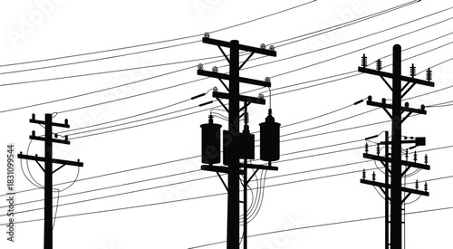 Silhouettes of utility poles with transformers and wires against white background power line electricity