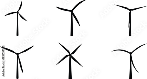 Six Silhouette Wind Turbines With Three Blades On White Background wind energy renewable energy