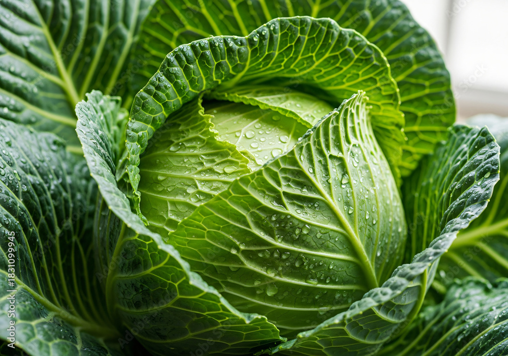 Fototapeta premium Fresh cabase with vibrant green leaves. A healthy vegetable perfect for cooking or salads. This image represents freshness and nutritious eating. Ideal for food blogs and recipes 