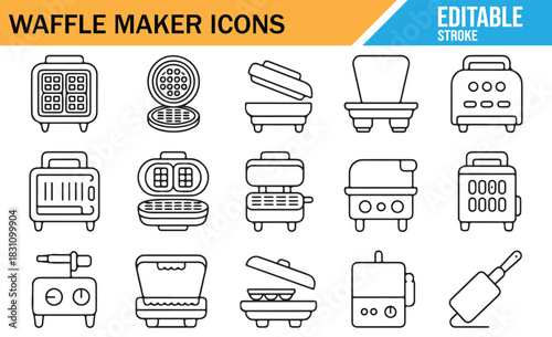 Clean Minimal Waffle Maker and Baking Appliance Line Icons Set