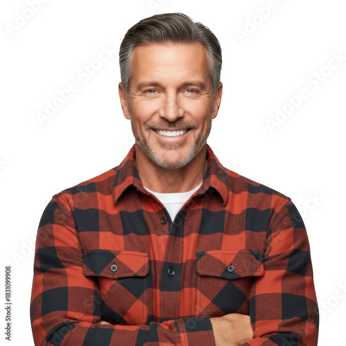 Handsome mature man in a red and dark checkered flannel shirt smiling confidently