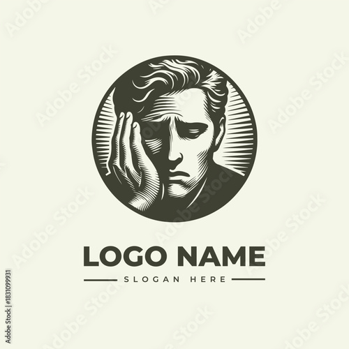Intricate Engraving Style Vector Logo Illustration of a Man's Face Portraying Deep Sorrow and Contemplation, Ideal for Various Concepts