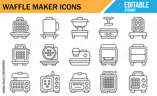 Modern Kitchen Waffle Maker Editable Stroke Vector Icons