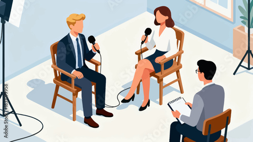 This isometric illustration shows a male reporter speaking into a microphone, surrounded by cameras, multiple microphones, and studio lights, set in a bright, professional broadcast environment.