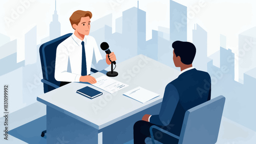 This isometric illustration shows a male reporter speaking into a microphone, surrounded by cameras, multiple microphones, and studio lights, set in a bright, professional broadcast environment.