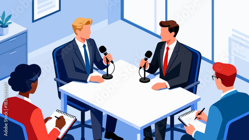 This isometric illustration shows a male reporter speaking into a microphone, surrounded by cameras, multiple microphones, and studio lights, set in a bright, professional broadcast environment.