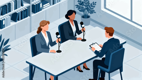 This isometric illustration shows a male reporter speaking into a microphone, surrounded by cameras, multiple microphones, and studio lights, set in a bright, professional broadcast environment.