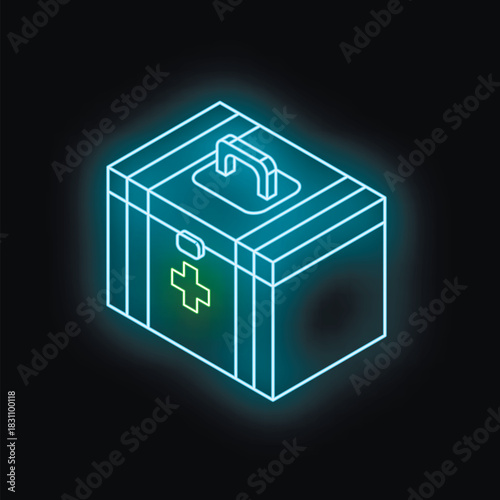 Isometric neon medical box glowing on dark background, representing healthcare and emergency services
