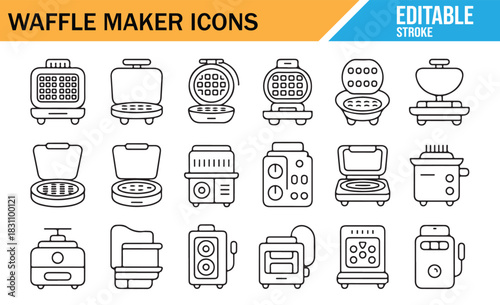 Minimal Waffle Maker and Breakfast Appliance Line Icons Set