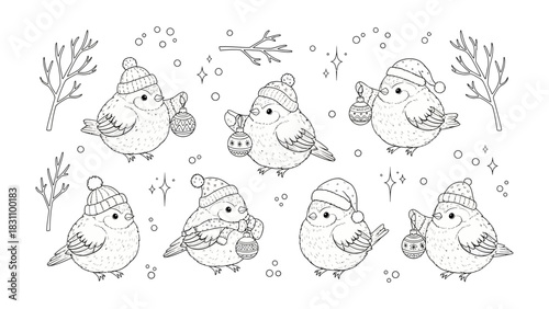 Winter Birds in Festive Attire: A charming gathering of adorable birds, each adorned in cozy winter hats and holding ornaments, evoking a sense of festive cheer and winter merriment.