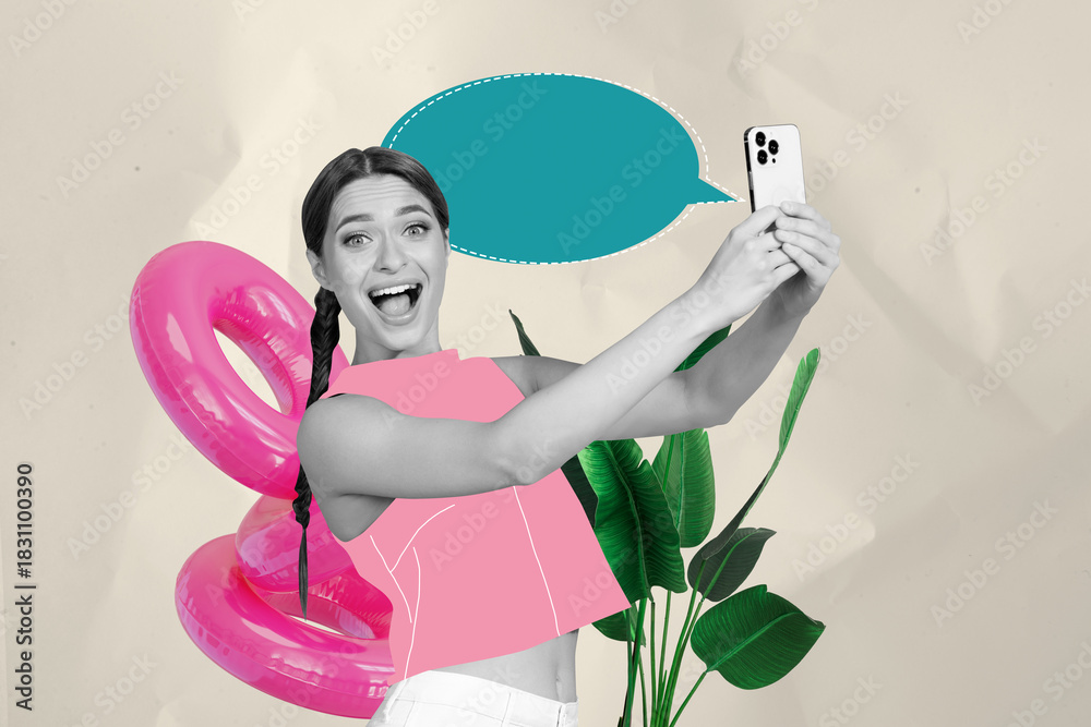 Naklejka premium Template sketch trend 3D photo collage of cloud chatting sms young lady selfie phone blogger sea rest relax journey holiday float ring