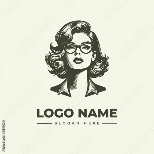 Elegant woman with glasses vector logo illustration, a classic beauty portrait in a vintage engraving style