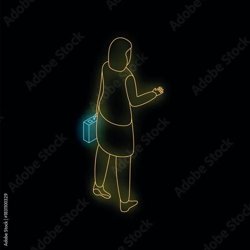 Businesswoman walking with briefcase, neon isometric projection on black background