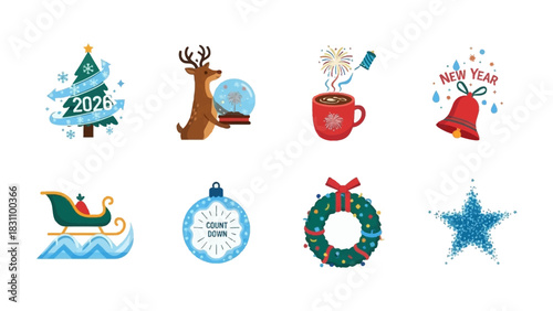 Festive Holiday Icons: A vibrant collection of Christmas and New Year's illustrations, each portraying iconic symbols of the holiday season, exuding joy, festivity, and anticipation.