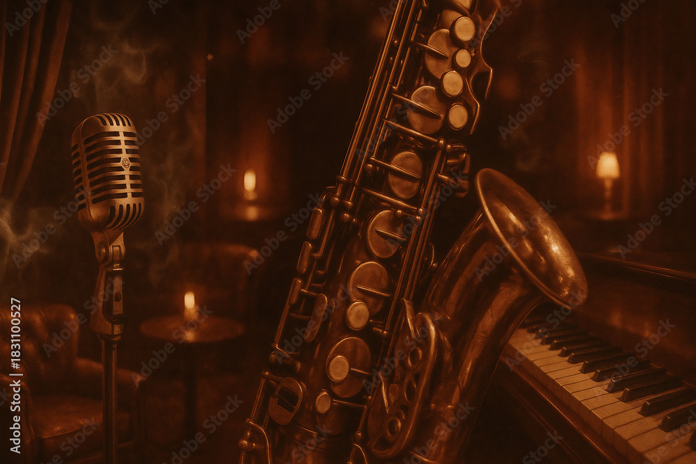Naklejka premium Warm, smoky jazz club scene featuring a vintage saxophone, classic microphone, and piano illuminated by soft amber lighting.