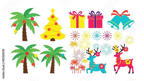 Christmas Decorations: Colorful Christmas decorations featuring a christmas tree, present boxes, deer figures, bells, and palm tree, capturing the holiday cheer and festive spirit.