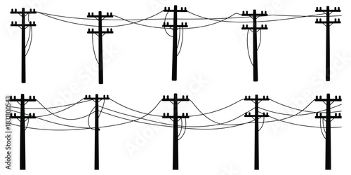 Two Rows Of Black Silhouette Telephone Poles With Wires On White Background utility pole power line