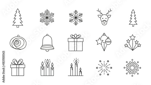 Festive Icons in a Row: A collection of meticulously crafted, minimalistic icons perfect for conveying the spirit of the holiday season, exuding joy and festivity.