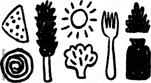 Food illustration featuring broccoli, watermelon, and a fork in a simple, flat vector art style. Perfect for healthy cooking themes.