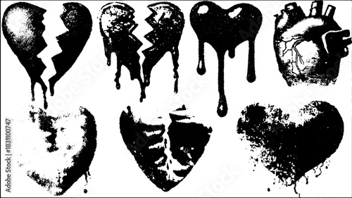 Heart silhouettes in distressed designs with broken and bleeding elements for a powerful visual. This set features vector illustrations suitable for various creative uses.