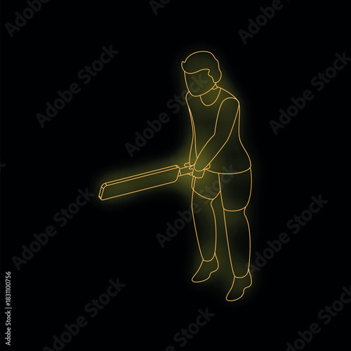 Golden neon style illustration of a cricketer holding a bat, ready to play, on a black background