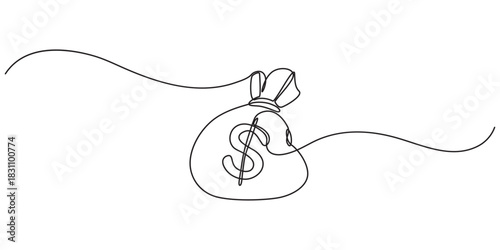 Dollar money bag continuous one line drawing illustration. Business euro sign concept. Continuous one line drawing of euro money bag.