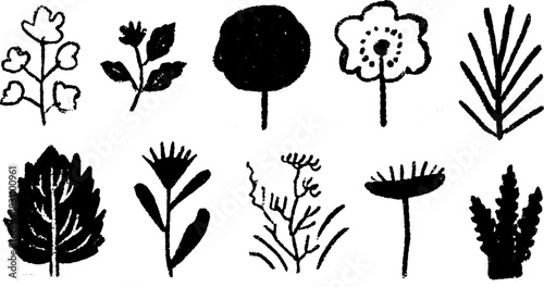 Silhouettes of various plants and flowers in hand-drawn style. Vector illustration set showcasing botanical elements.