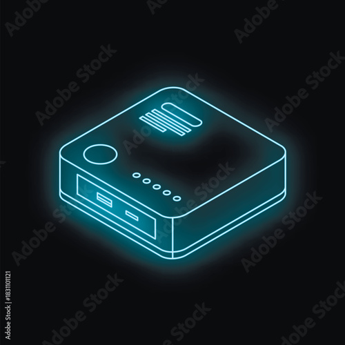 Portable charger glowing with neon blue light on a dark background, representing power and energy