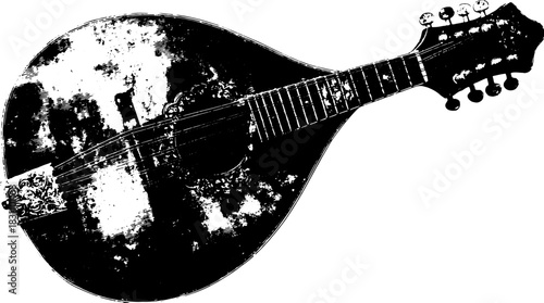 Mandolin illustration in vintage black and white style. Detailed vector art showcasing the body, neck, and headstock design in a set.