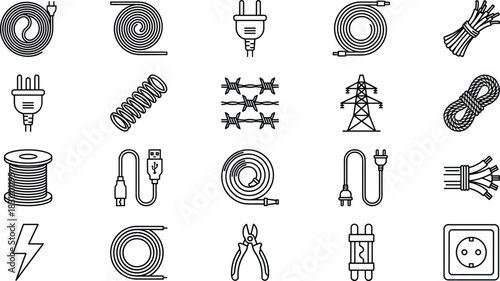 Electric Power, Cord, and Wire Outline Icon Set, Featuring Plugs, Sockets, USB Cable, Pylon, Cutter Tools, and Lightning Bolt Symbol, Vector Editable Stroke