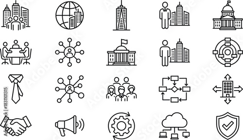 Global Business, Corporate Government, and Networking Vector Line Icons Set: Management, Partnership, Finance, Workflow, Protection, and Communication Concepts