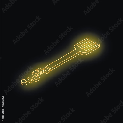 Pixelating yellow neon fork representing digital disruption in the food industry, innovative culinary technology, or virtual dining experiences
