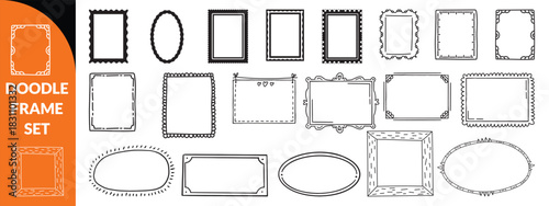 Doodle frame set, vector hand drawn stamp border, vintage abstract wavy post stamp simple design. Blue decorative rectangle label, empty banner shape collection. Coastal retro postmark doodle frame