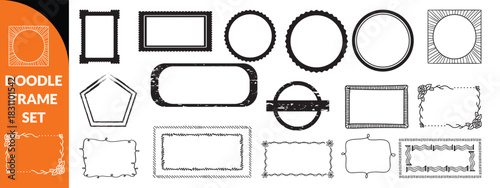 Doodle frame set, vector hand drawn stamp border, vintage abstract wavy post stamp simple design. Blue decorative rectangle label, empty banner shape collection. Coastal retro postmark doodle frame