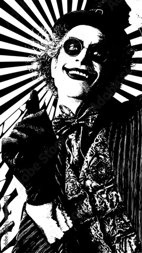 Clown character in black and white vector illustration. Bold design with striking expression, showcasing artistic style and detail in this illustration.