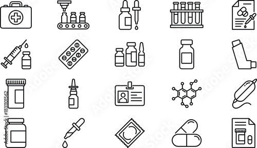 Medical, Pharmaceutical, and Laboratory Outline Icon Set, Covering Prescription Drugs, Syringes, First Aid, Chemical Structure, and Research Supplies, Vector Editable Stroke