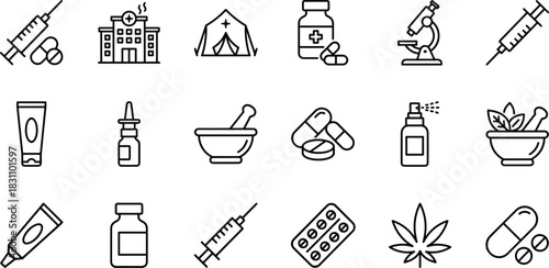 Medicine and Pharmacy Outline Icon Set, Featuring Pills, Syringe, Hospital, Laboratory, Herbal Remedies, Cannabis Leaf, and Medical Supplies, Vector Editable Stroke