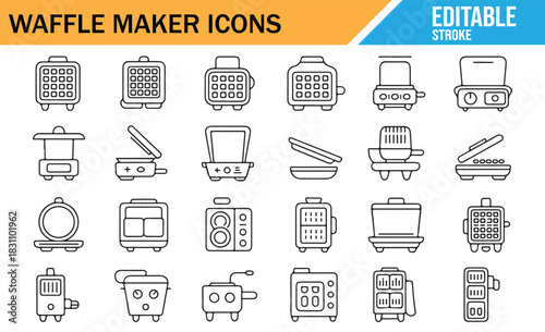 Editable Stroke Waffle Maker and Kitchen Appliance Line Icons Set with Breakfast Cooker, Electric Baker, Dessert Machine and Home Cooking Symbols for Web, App and Print Design