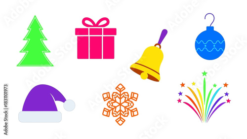 Holiday Cheer Symbols: A delightful arrangement of festive icons, including a Christmas tree, gift box, bell, ornament, Santa hat, snowflake, and fireworks, set to spread holiday cheer.