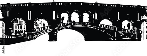 High-Definition Solid Black Silhouette of a Ponte di Rialto Bridge with Perfect Proportions and Sharp Edges black and white with white background