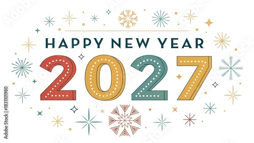 Happy New Year 2027 with colorful numbers and sparkling snowflake accents image photo