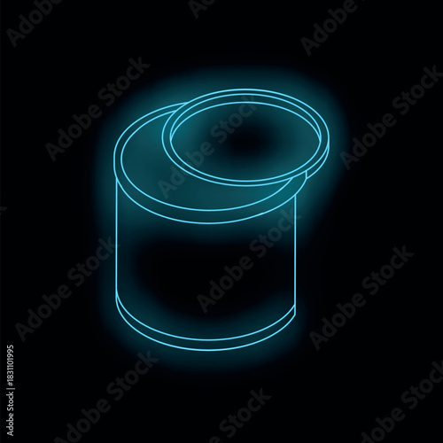 Glowing blue isometric metal tin can with its lid open on a black background