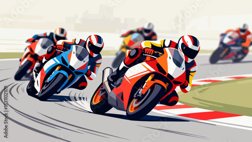 This vibrant illustration depicts a high-speed motorcycle race on a curving track, with colorful bikes and riders competing near the checkered finish line, while spectators watch from the sidelines.